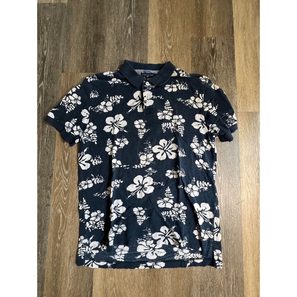 Tommy Hilfiger Polo Shirt Mens XL Navy Blue Hibiscus Floral Short Sleeve Pique